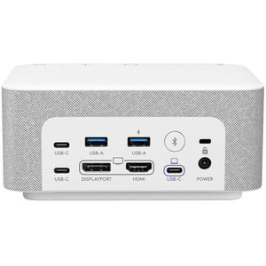 Logi Dock White UC - front port panel showing USB-C, USB-A, DisplayPort, HDMI and power connections
