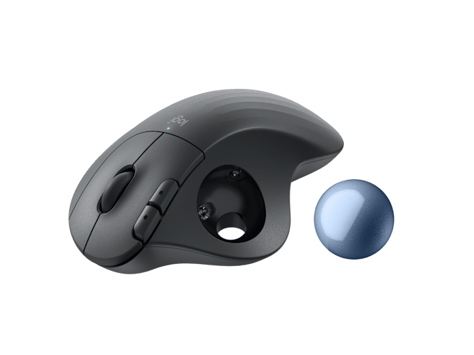 Ergo M575 for Business Graphite - bottom view showing power switch and battery compartment