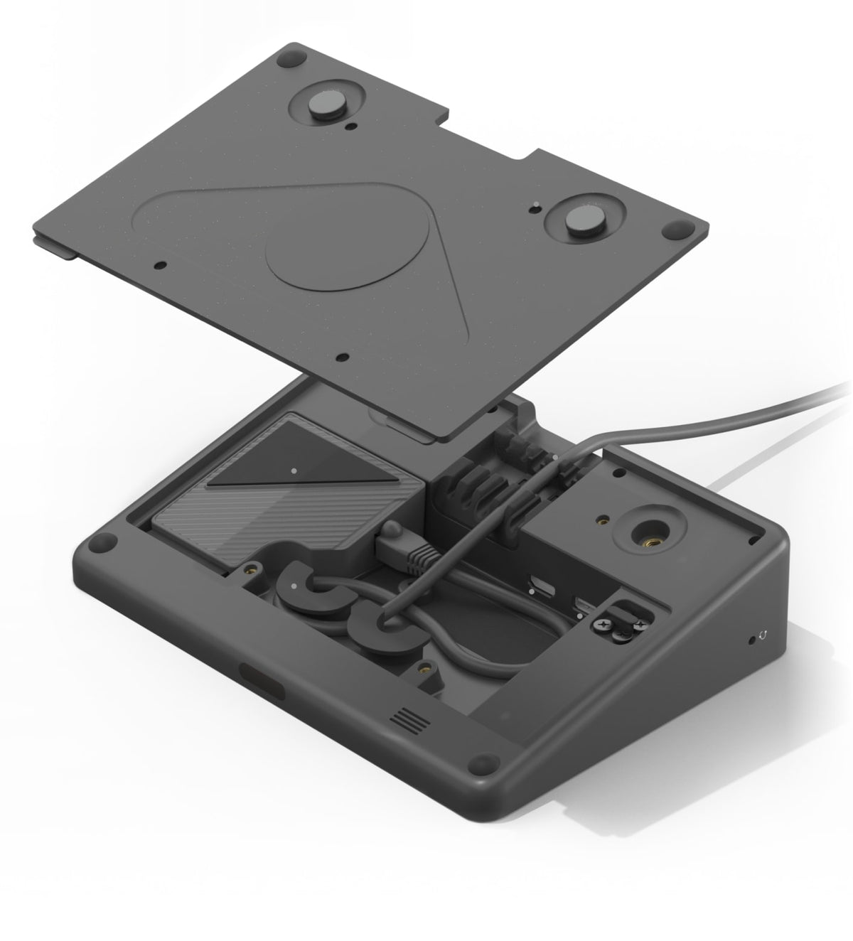 Logitech Tap cable management showing USB-A and HDMI ports