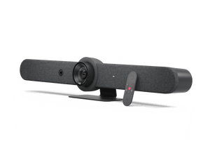 Rally Bar + Tap IP - Graphite - angled view with remote control