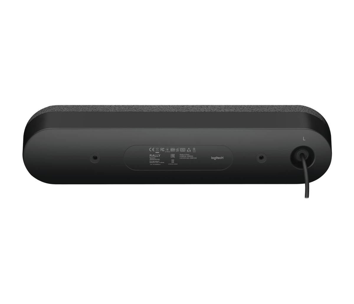 Logitech Rally Speaker - underside view showing cable connector and mounting holes