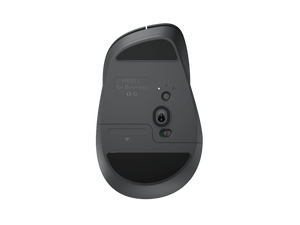 Logitech M850L Graphite mouse - underside view showing USB receiver storage and power switch